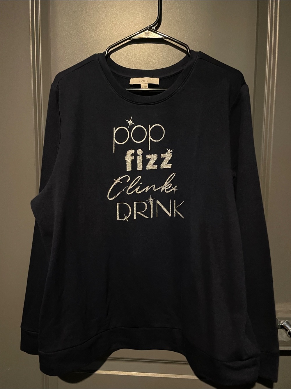 LOFT Navy top with Silver Glitter Script NWOT